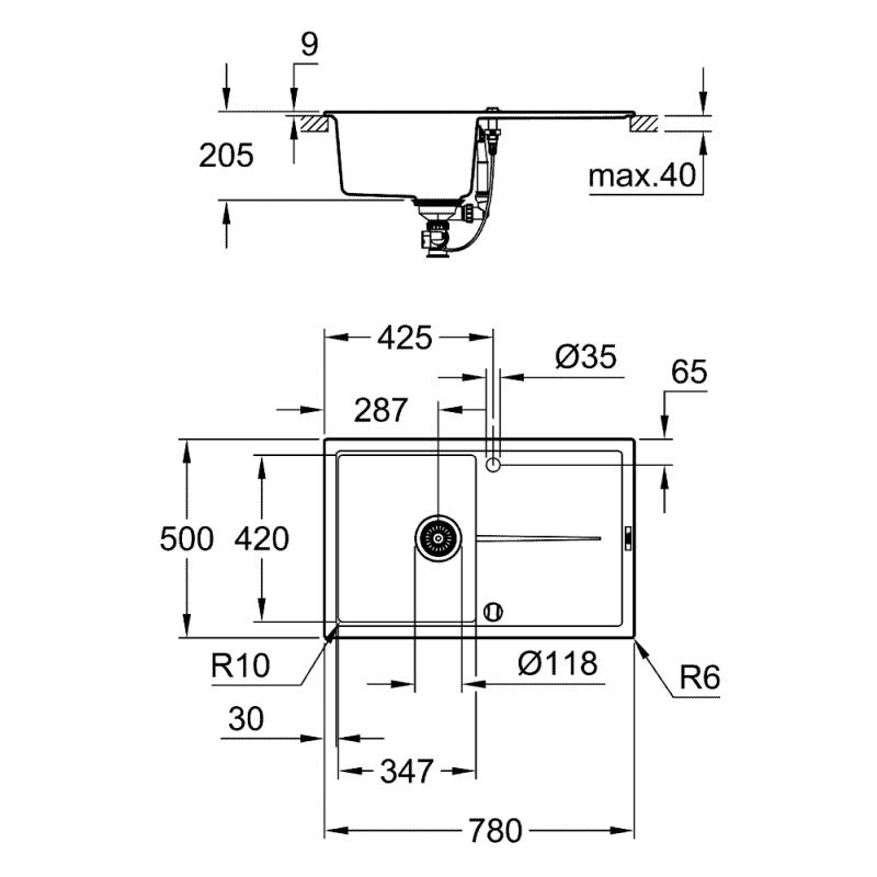 Мойка гранит K400 780 x 500 мм Black Grohe (31639AP0)