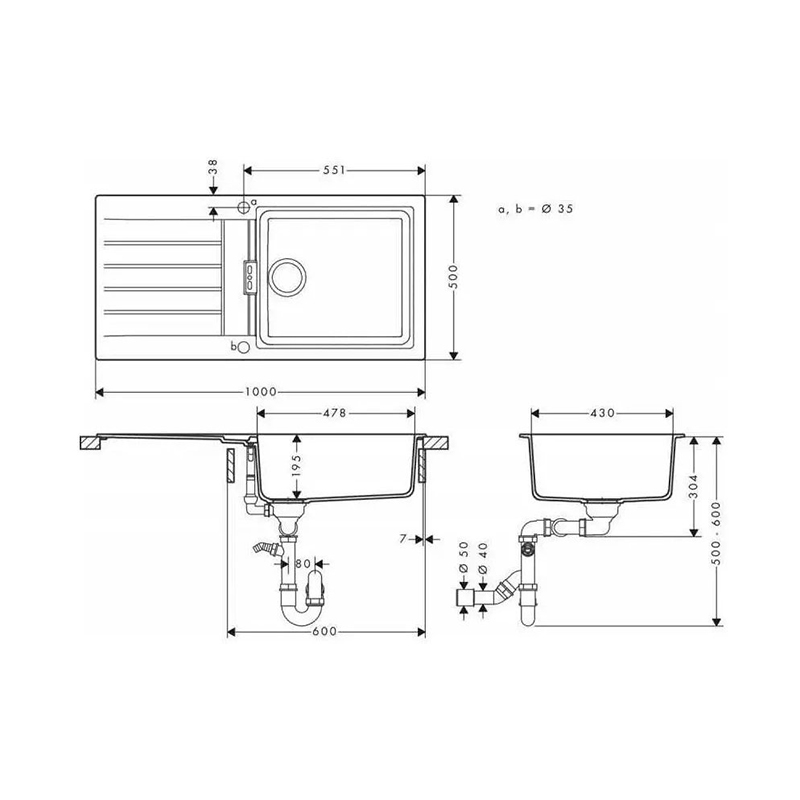Мойка кухонная гранит S52 с крылом накладная, черный графит Hansgrohe (43358170) Мойка кухонная гранит S52 с крылом накладная, черный графит Hansgrohe (43358170)