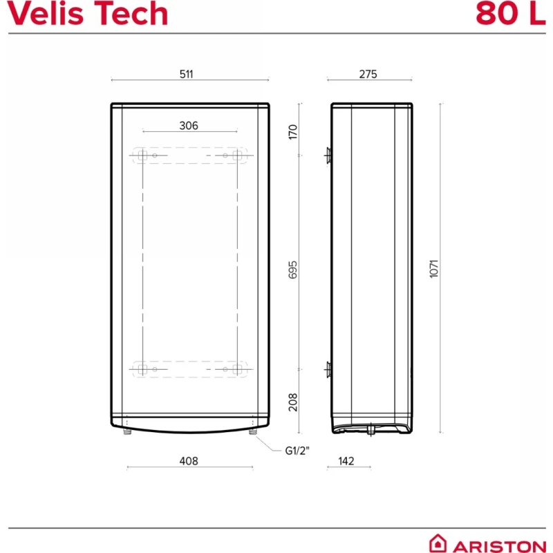 Водонагрівач плаский слім VELIS TECH 80 EU, 80л, 2*1,5кВт, ун. монтаж, Ariston (3100918)