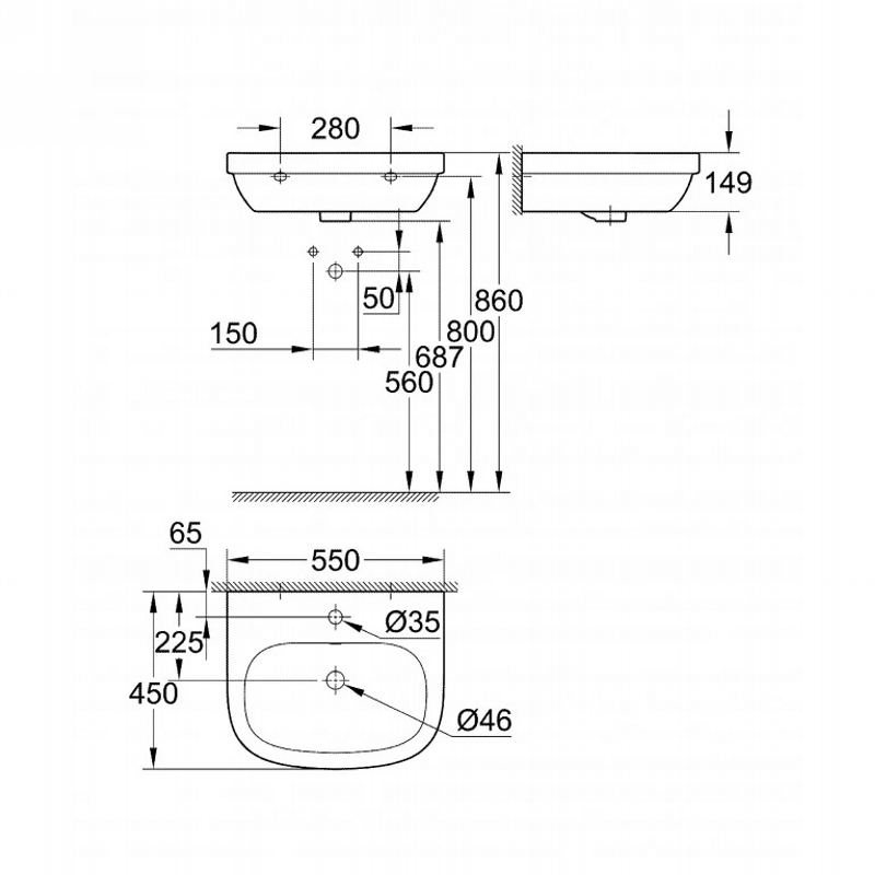 Умивальник підвісний Euro Ceramic 55 х 45 см Grohe (39336000) Умивальник підвісний Euro Ceramic 55 х 45 см Grohe (39336000)