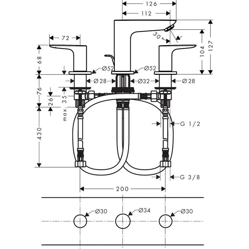 Змішувач для умивальника Talis E на 3 отвори Matt Black Hansgrohe (71733670)