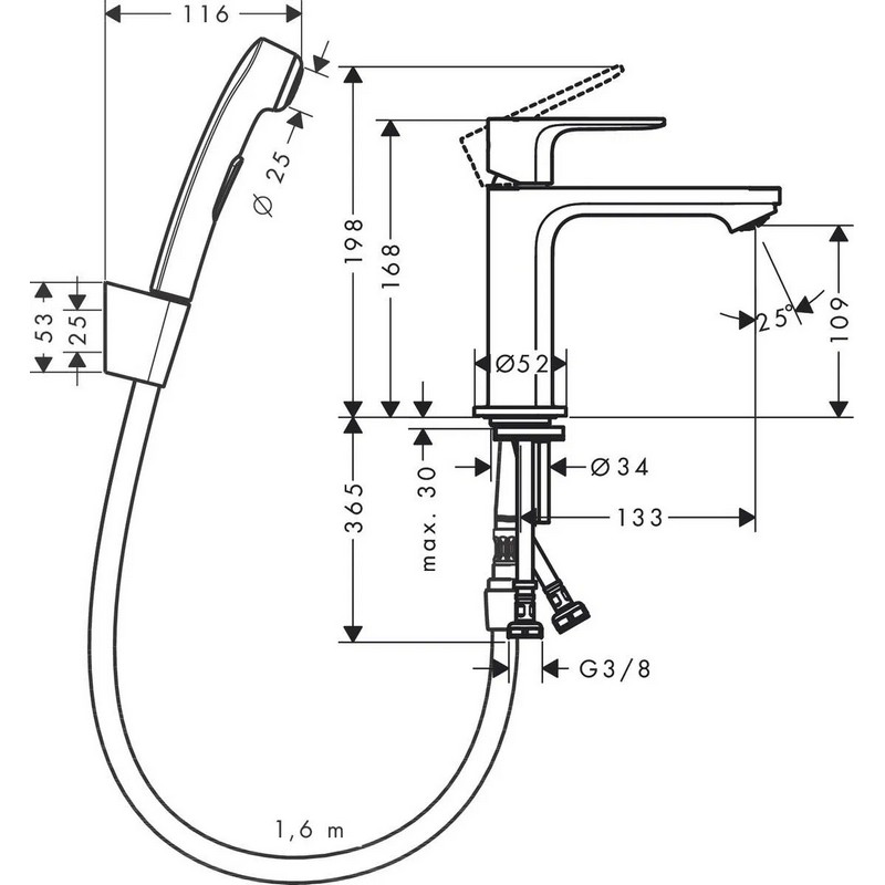 Змішувач для умивальника Rebris S 110 з гігієнічною лійкою, Matt Black Hansgrohe (72215670)