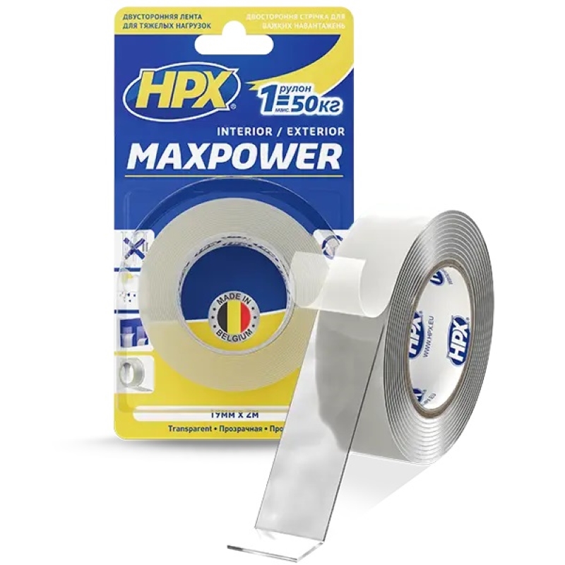 Лента двухсторонняя универсальная Maxpower (19х1,0) 2м,нагр до 25 кг/метр акриловая прозрачная HPX