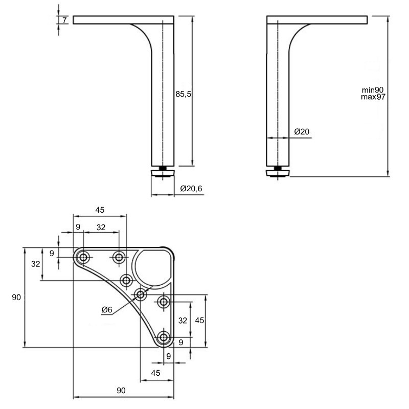 Ножка мебельная Ferro Fiori M 12050, h=90, max 200кг, черный