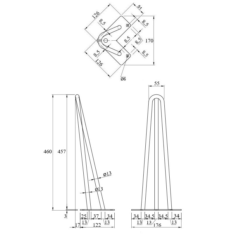 Ножка мебельная HAIRPIN Leg 3ROD Small h46см серебряная