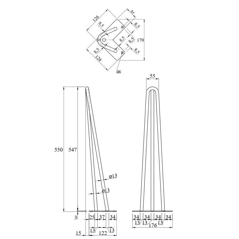 Ніжка меблева HAIRPIN Leg 3ROD Big h55см срібна