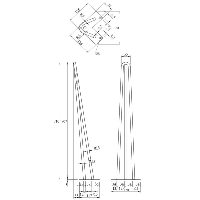 Ніжка меблева HAIRPIN Leg 3ROD Big h71см чорна структурна