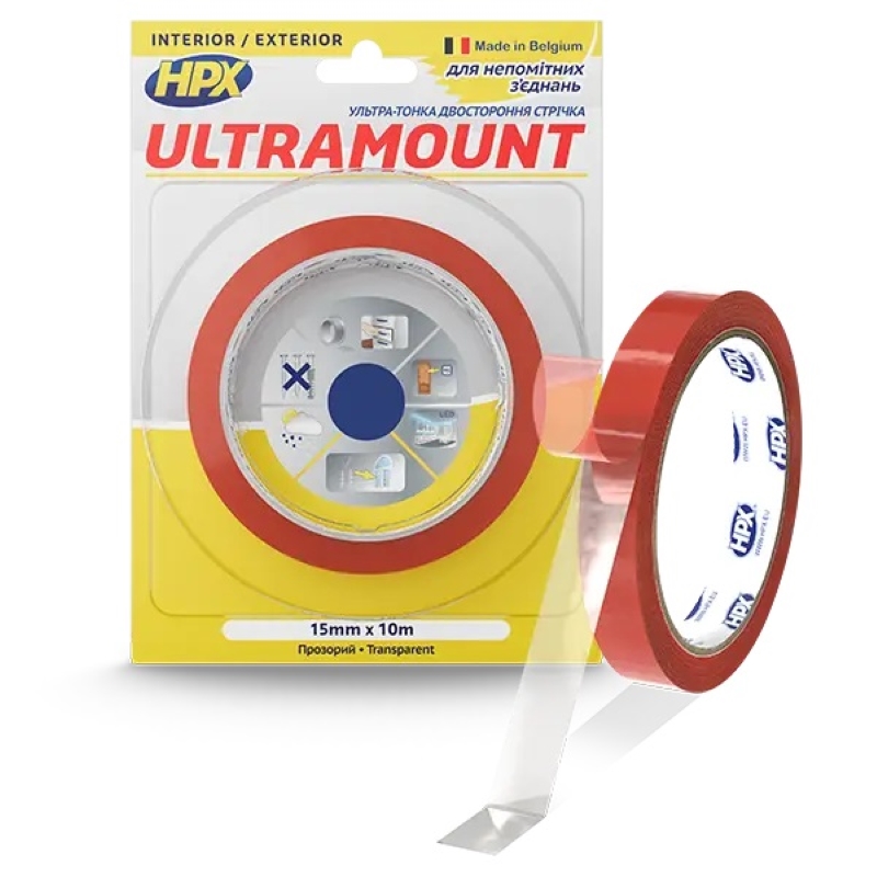 Стрічка двостороння Ultra Mount 15мм х 0,25мм х 10м  прозора HPX