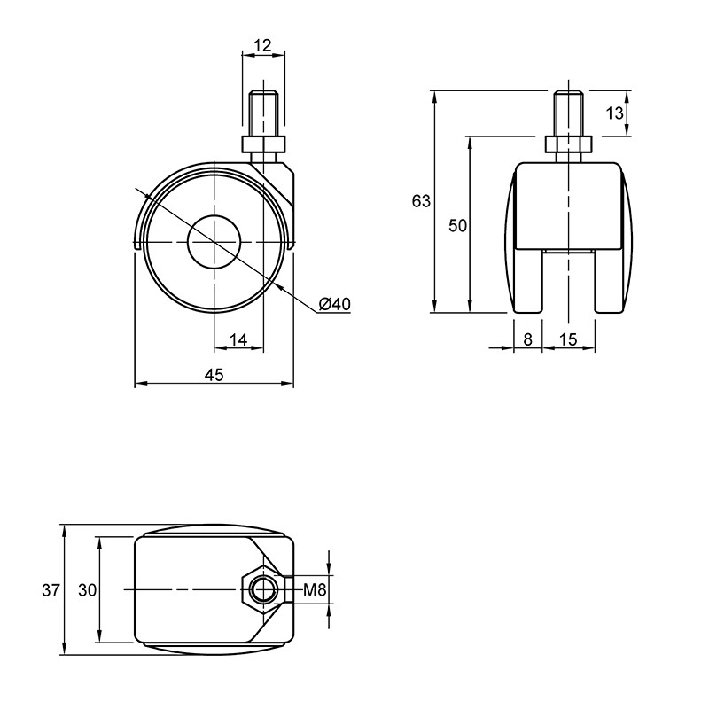 Ролик пластиковый HTS 405 с винтом М8, Ø 40мм, max 20кг, черный Ролик пластиковый HTS 405 с винтом М8, Ø 40мм, max 20кг, черный
