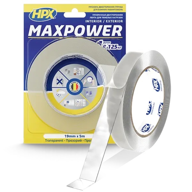 Лента двухсторонняя универсальная Maxpower (19х1,0) 5м,нагр до 25 кг/метр акриловая прозрачная HPX Лента двухсторонняя универсальная Maxpower (19х1,0) 5м,нагр до 25 кг/метр акриловая прозрачная HPX