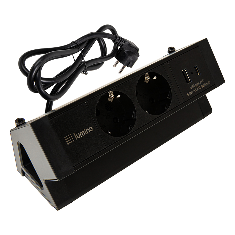Накладний розетковий блок Lumine ORION 2xрозетки, 2xUSB A+C (15,5W), чорний