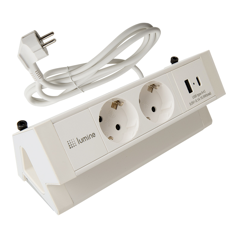 Накладний розетковий блок Lumine ORION 2xрозетки, 2xUSB A+C (15,5W), білий