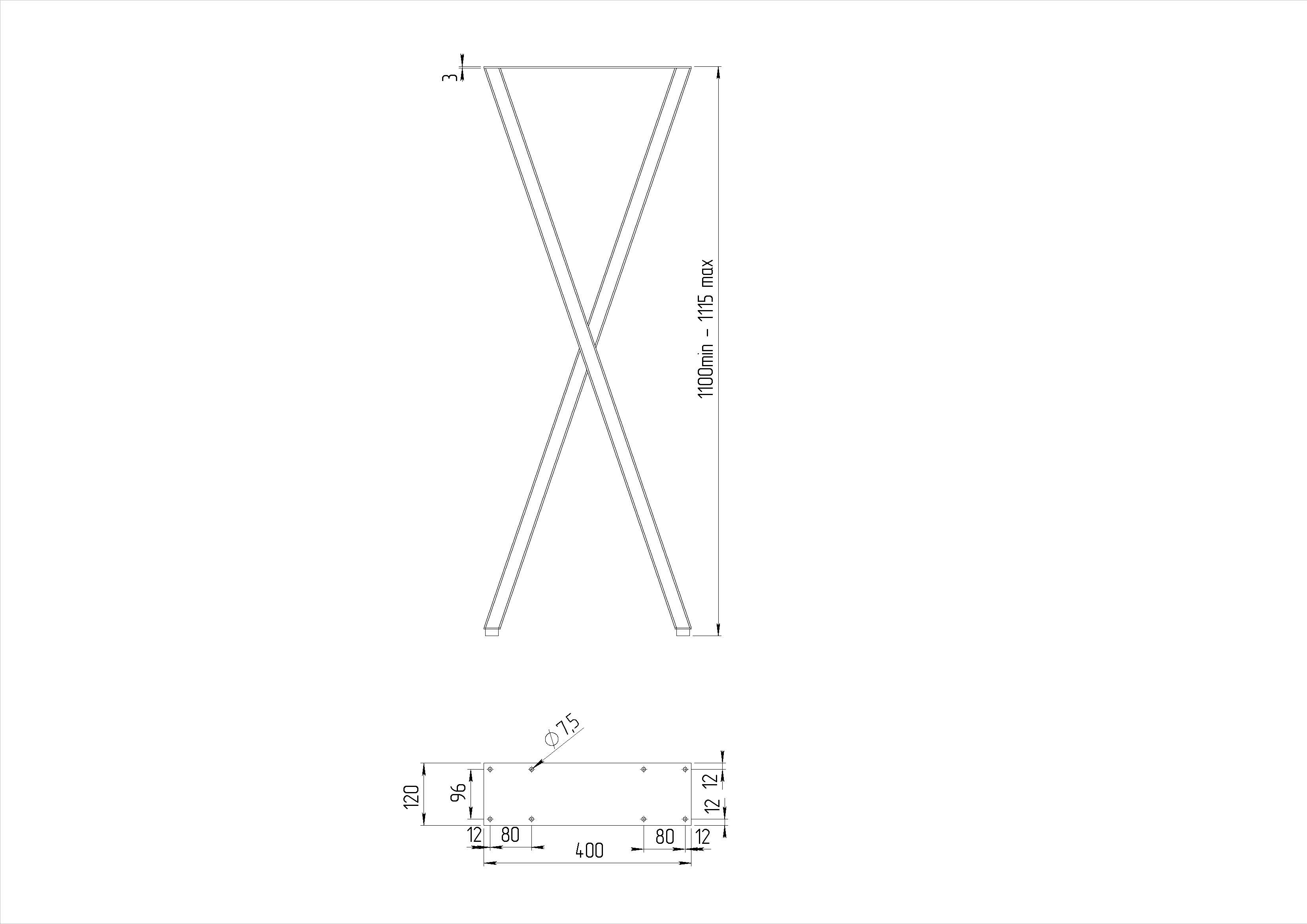 Опора для столу X бар, 400х60мм, h = 1100мм, чорний Ral 9005 (Муар) Опора для столу X бар, 400х60мм, h = 1100мм, чорний Ral 9005 (Муар)